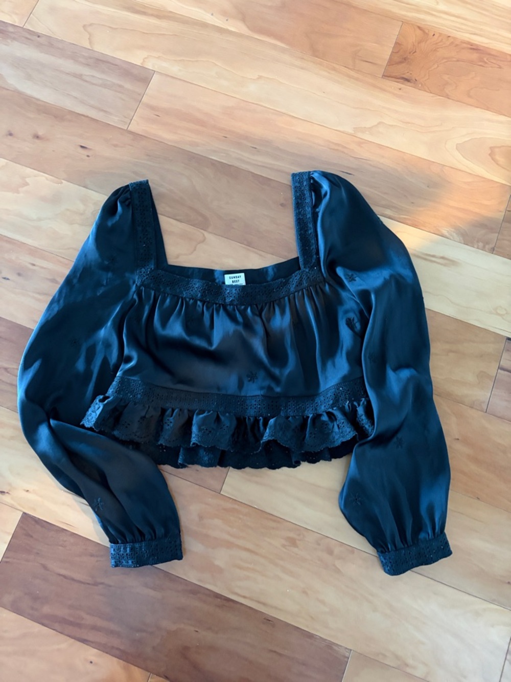 Black Satin Cropped Blouse with Ruffle Hem